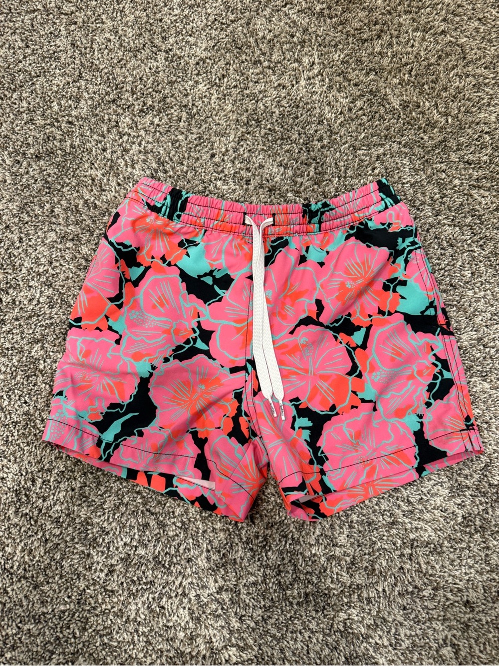 chubbies Pink Floral Swim Trunks with Teal and Black Accents